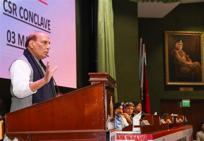 The Union Minister for Defence, Shri Rajnath Singh addressing the gathering at the Armed Forces Flag Day Corporate Social Responsibility (AFFD CSR) Conclave, in New Delhi on March 03, 2025.