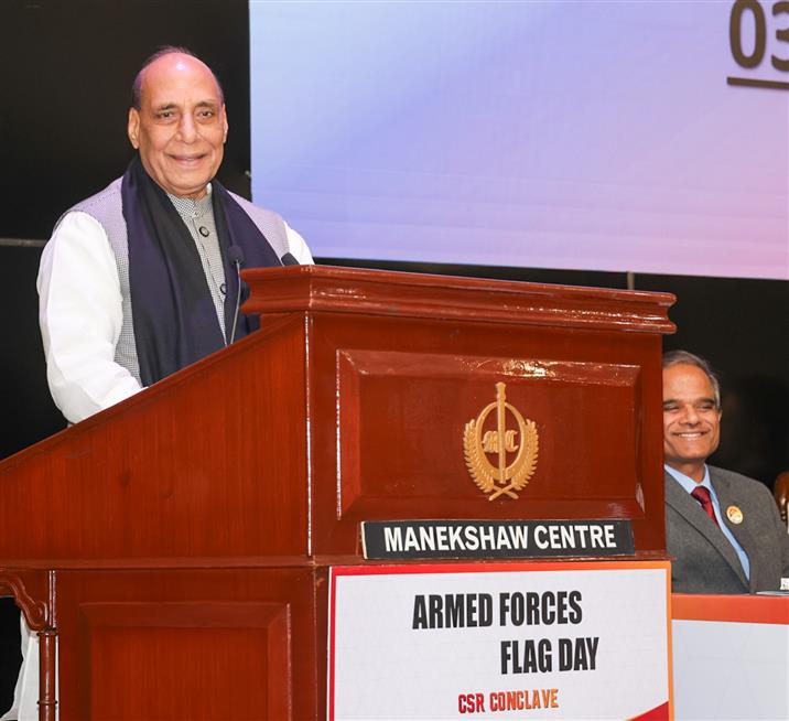 The Union Minister for Defence, Shri Rajnath Singh addressing the gathering at the Armed Forces Flag Day Corporate Social Responsibility (AFFD CSR) Conclave, in New Delhi on March 03, 2025.