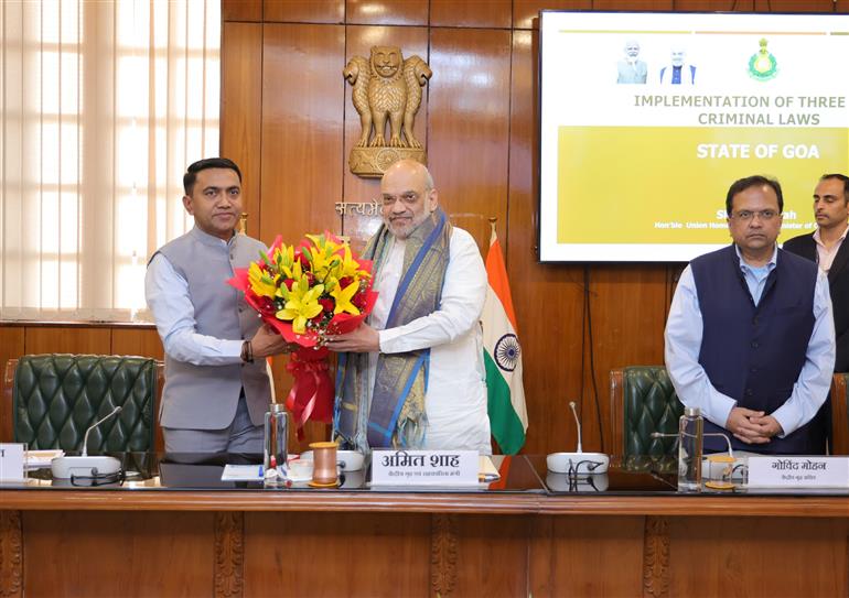 The Union Minister for Home Affairs and Cooperation, Shri Amit Shah chairs a review meeting with the Chief Minister of Goa, Shri Pramod Sawant on the implementation of three New Criminal Laws in the State, in New Delhi on March 03, 2025.