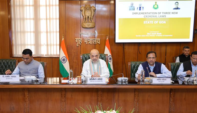 The Union Minister for Home Affairs and Cooperation, Shri Amit Shah chairs a review meeting with the Chief Minister of Goa, Shri Pramod Sawant on the implementation of three New Criminal Laws in the State, in New Delhi on March 03, 2025.