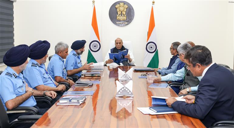 The Union Minister for Defence, Shri Rajnath Singh chairs a meeting on the report of the Empowered Committee for Capability Enhancement of the lndian Air Force, in New Delhi on March 03, 2025.