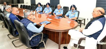 The Union Minister for Defence, Shri Rajnath Singh chairs a meeting on the report of the Empowered Committee for Capability Enhancement of the lndian Air Force, in New Delhi on March 03, 2025.