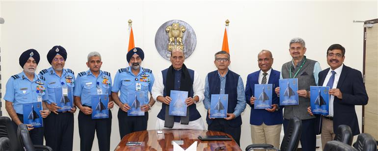 The Defence Secretary, Shri Rajesh Kumar Singh presents the report of the Empowered Committee for Capability Enhancement of the lndian Air Force (IAF) to the Union Minister for Defence, Shri Rajnath Singh in New Delhi on March 03, 2025.