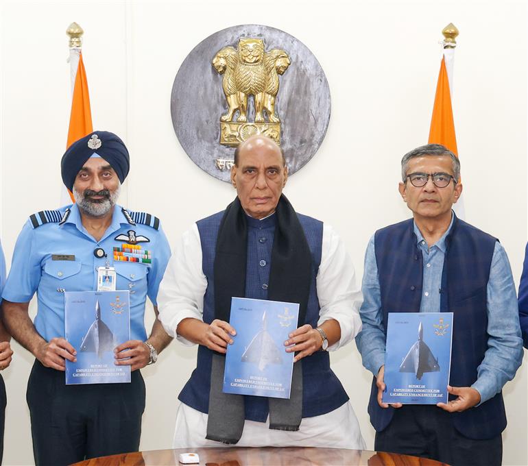 The Defence Secretary, Shri Rajesh Kumar Singh presents the report of the Empowered Committee for Capability Enhancement of the lndian Air Force (IAF) to the Union Minister for Defence, Shri Rajnath Singh in New Delhi on March 03, 2025.