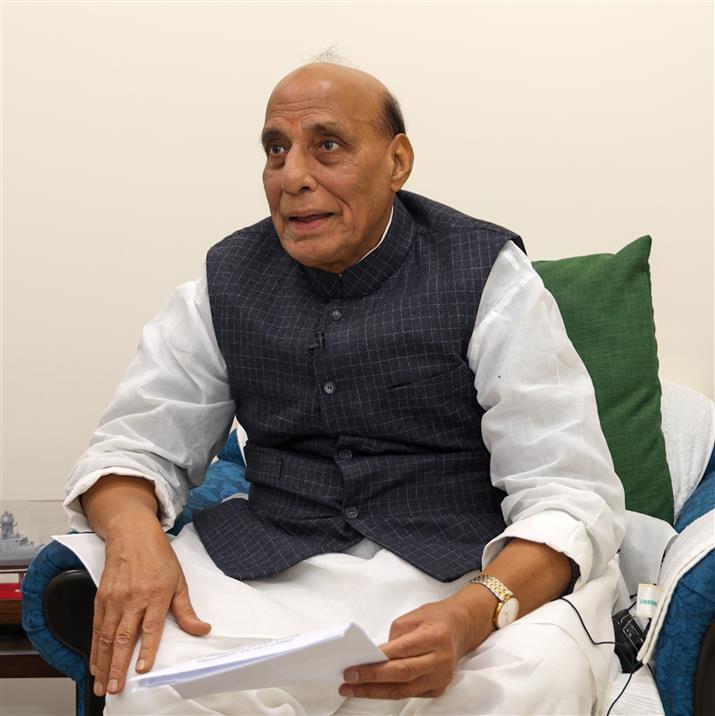 The Union Minister for Defence, Shri Rajnath Singh interacts with women crew members of Navika Sagar Parikrama (NSP) II online on the eve of International Women’s Day, in New Delhi on March 07, 2025.