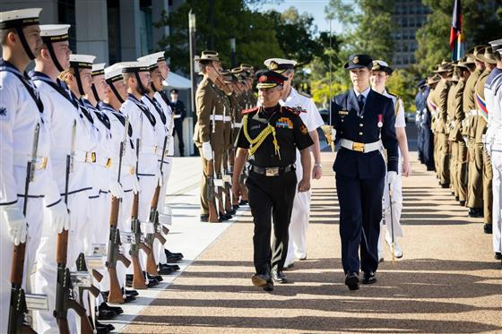 Chief of Defence Staff (CDS) Gen Anil Chauhan inspecting the Guard of Honour on his arrival at the Russell Offices of the Australian Defence Force, in Canberra, Australia on March 07, 2025.