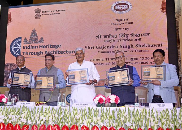 The Union Minister of Culture and Tourism, Shri Gajendra Singh Shekhawat at the inauguration of the exhibition on “Indian Heritage Through Architecture” on the occasion of 135th foundation day of National Archives of India at Dr. Ambedkar International Centre, in New Delhi on March 11, 2025. 