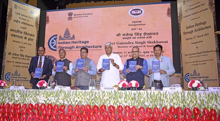 The Union Minister of Culture and Tourism, Shri Gajendra Singh Shekhawat at the inauguration of the exhibition on “Indian Heritage Through Architecture” on the occasion of 135th foundation day of National Archives of India at Dr. Ambedkar International Centre, in New Delhi on March 11, 2025. 