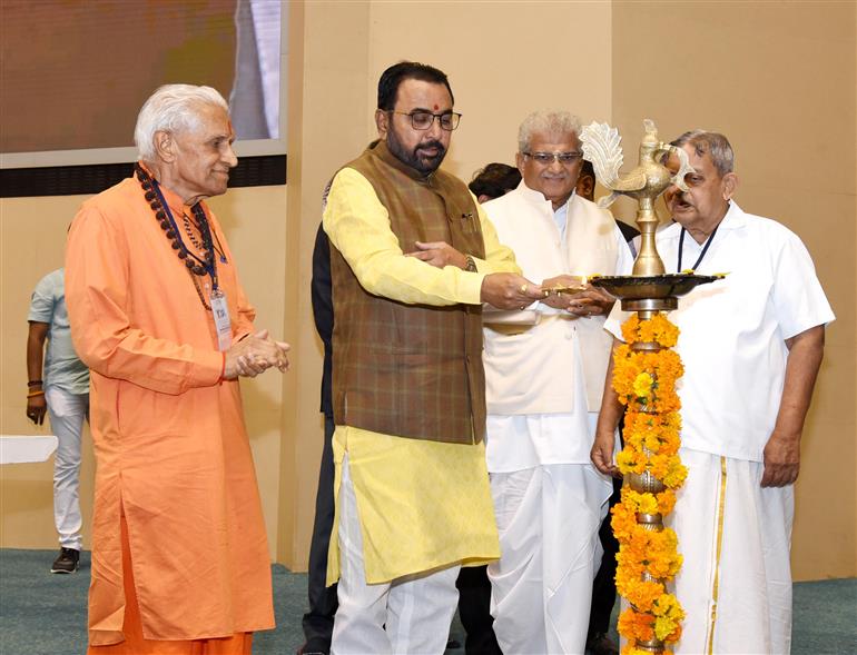 The Minister of State (Independent Charge) for Ayush and Health and Family Welfare, Shri Prataprao Jadhav lighting the lamp at the inauguration of Yoga Mahotsav-2025 organized by Morarji Desai National Institute of Yoga at Vigyan Bhawan, in New Delhi on March 13, 2025.:AYUSH