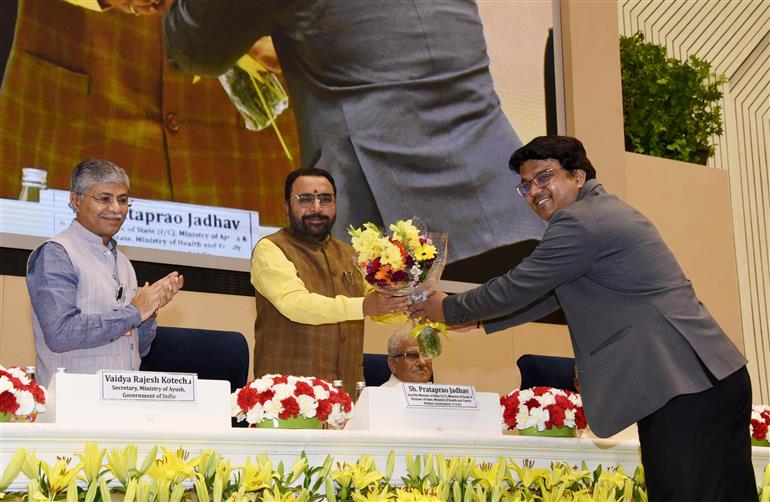 The Minister of State (Independent Charge) for Ayush and Health and Family Welfare, Shri Prataprao Jadhav at the inauguration of Yoga Mahotsav-2025 organized by Morarji Desai National Institute of Yoga at Vigyan Bhawan, in New Delhi on March 13, 2025.:AYUSH