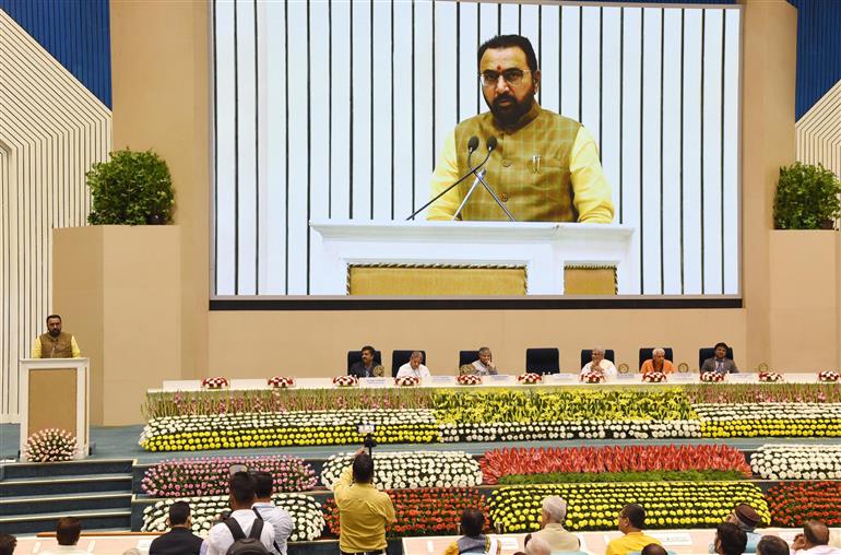 The Minister of State (Independent Charge) for Ayush and Health and Family Welfare, Shri Prataprao Jadhav addressing at the inauguration of Yoga Mahotsav-2025 organized by Morarji Desai National Institute of Yoga at Vigyan Bhawan, in New Delhi on March 13, 2025.:AYUSH