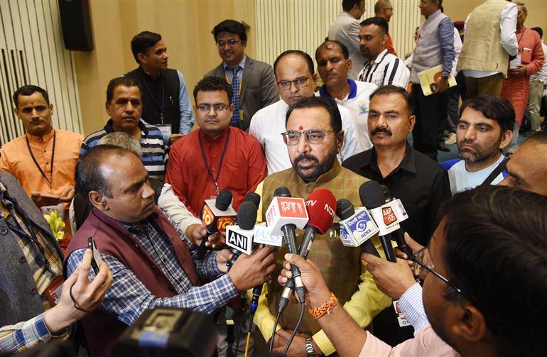 The Minister of State (Independent Charge) for Ayush and Health and Family Welfare, Shri Prataprao Jadhav interacting with media at the inauguration of Yoga Mahotsav-2025 organized by Morarji Desai National Institute of Yoga at Vigyan Bhawan, in New Delhi on March 13, 2025.:AYUSH