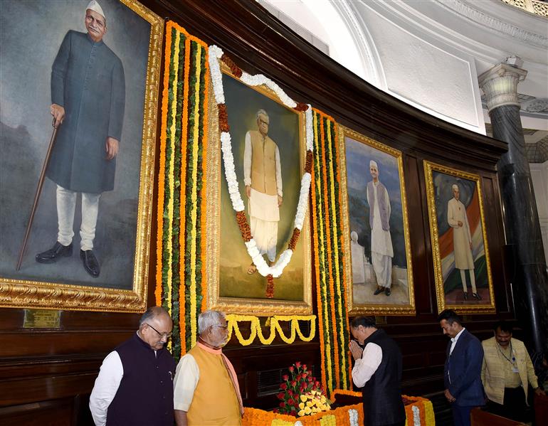 The Secretary General, Lok Sabha, Shri Utpal Kumar Singh paid floral tributes to former Speaker of Lok Sabha, Dr. Ram Manohar Lohia on the occasion of his birth anniversary at Parliament House, in New Delhi on March 23, 2025.