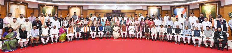 The President of India, Smt Droupadi Murmu in a group photograph at the silver jubilee function of Chhattisgarh Legislative Assembly at Raipur, in Chhattisgarh on March 24, 2025.