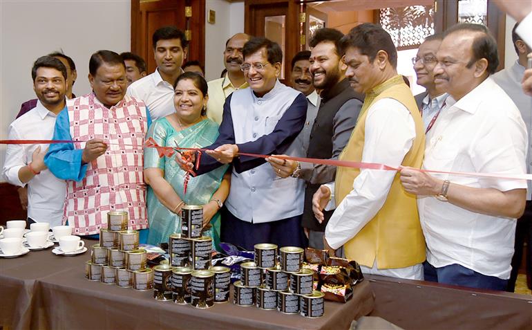 The Union Minister for Commerce and Industry, Shri Piyush Goyal inaugurates the Araku Vallee coffee stalls at Parliament canteens in presence of the Union Minister of Tribal Affairs, Shri Jual Oram, the Union Minister for Civil Aviation, Shri Kinjarapu Ram Mohan Naidu and other dignitaries in Parliament House, New Delhi on March 24, 2025.