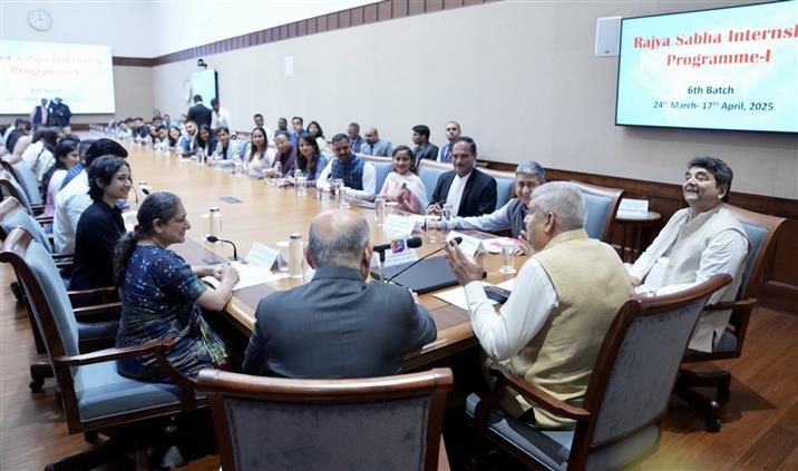 The Vice-President and Chairman, Rajya Sabha, Shri Jagdeep Dhankhar addressing the sixth batch of participants of the Rajya Sabha Internship Programme at Parliament House, in New Delhi on March 24, 2025.