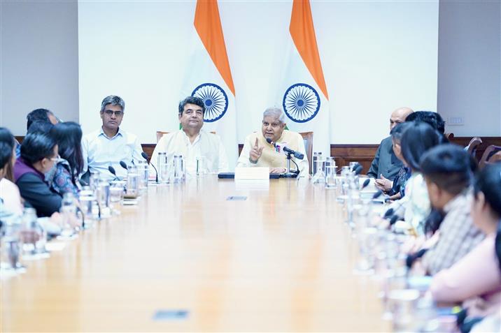 The Vice-President and Chairman, Rajya Sabha, Shri Jagdeep Dhankhar addressing the sixth batch of participants of the Rajya Sabha Internship Programme at Parliament House, in New Delhi on March 24, 2025.