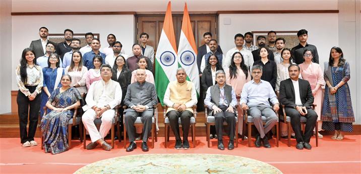 The Vice-President and Chairman, Rajya Sabha, Shri Jagdeep Dhankhar in a group photograph with the sixth batch of participants of the Rajya Sabha Internship Programme at Parliament House, in New Delhi on March 24, 2025.