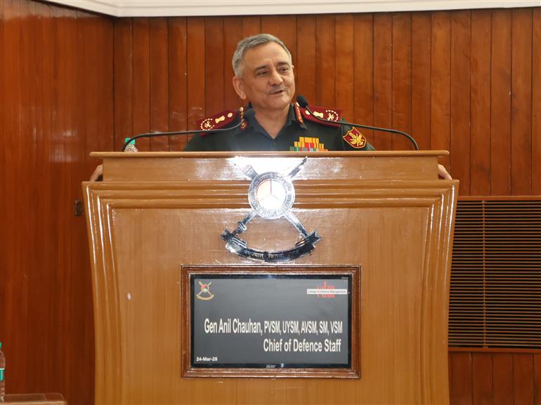The Chief of Defence Staff (CDS) General Anil Chauhan addressing the future strategic leaders of Indian Armed Forces at College of Defence Management (CDM), in Secunderabad, Hyderabad on March 24, 2025.