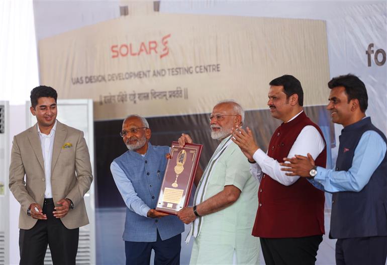 PM visits an exhibition at the inauguration of the Loitering Munition Testing Range and Runway facility for UAVs at Solar Defence and Aerospace Limited, in Nagpur, Maharashtra on March 30, 2025.