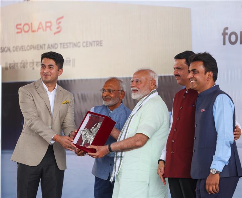 PM visits an exhibition at the inauguration of the Loitering Munition Testing Range and Runway facility for UAVs at Solar Defence and Aerospace Limited, in Nagpur, Maharashtra on March 30, 2025.