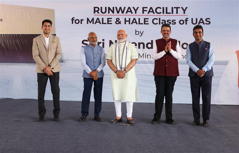 PM visits an exhibition at the inauguration of the Loitering Munition Testing Range and Runway facility for UAVs at Solar Defence and Aerospace Limited, in Nagpur, Maharashtra on March 30, 2025.