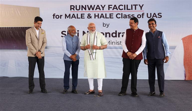 PM visits an exhibition at the inauguration of the Loitering Munition Testing Range and Runway facility for UAVs at Solar Defence and Aerospace Limited, in Nagpur, Maharashtra on March 30, 2025.
