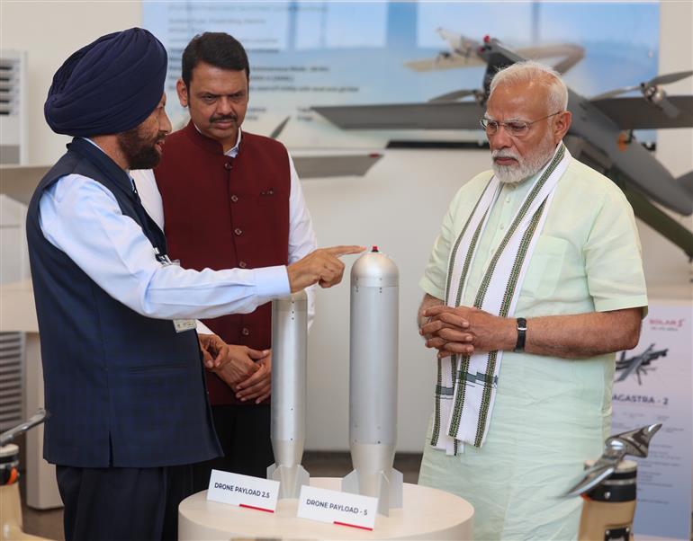 PM visits an exhibition at the inauguration of the Loitering Munition Testing Range and Runway facility for UAVs at Solar Defence and Aerospace Limited, in Nagpur, Maharashtra on March 30, 2025.
