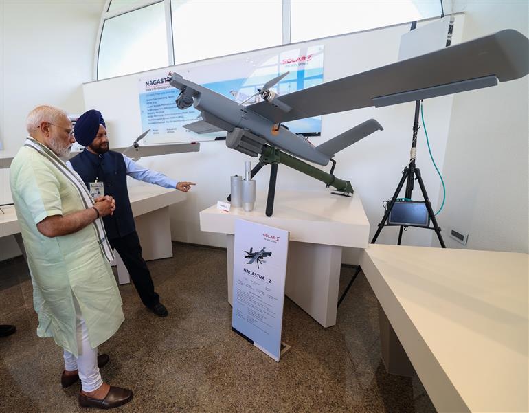 PM visits an exhibition at the inauguration of the Loitering Munition Testing Range and Runway facility for UAVs at Solar Defence and Aerospace Limited, in Nagpur, Maharashtra on March 30, 2025.
