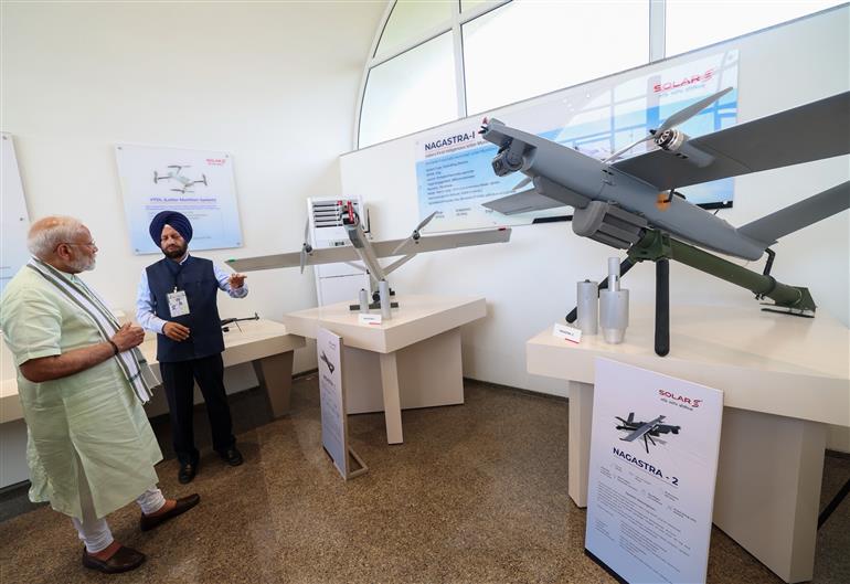 PM visits an exhibition at the inauguration of the Loitering Munition Testing Range and Runway facility for UAVs at Solar Defence and Aerospace Limited, in Nagpur, Maharashtra on March 30, 2025.