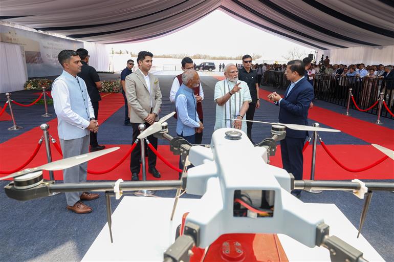 PM visits an exhibition at the inauguration of the Loitering Munition Testing Range and Runway facility for UAVs at Solar Defence and Aerospace Limited, in Nagpur, Maharashtra on March 30, 2025.