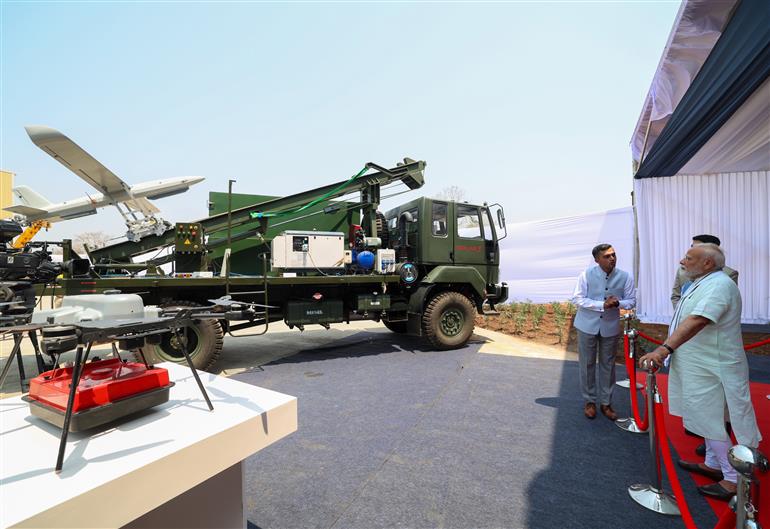 PM visits an exhibition at the inauguration of the Loitering Munition Testing Range and Runway facility for UAVs at Solar Defence and Aerospace Limited, in Nagpur, Maharashtra on March 30, 2025.