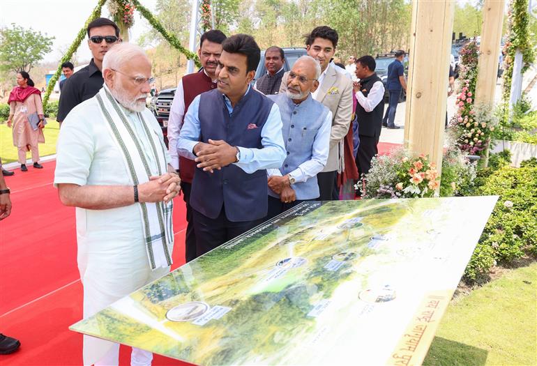 PM visits an exhibition at the inauguration of the Loitering Munition Testing Range and Runway facility for UAVs at Solar Defence and Aerospace Limited, in Nagpur, Maharashtra on March 30, 2025.