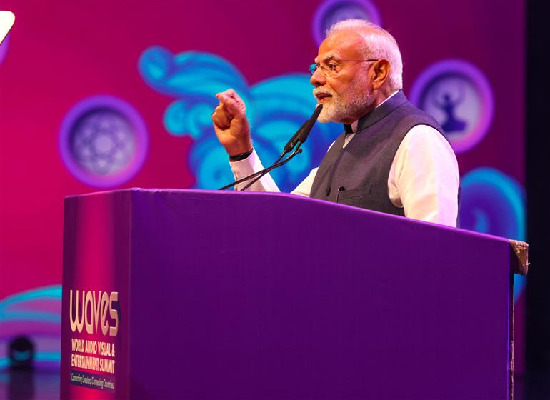PM addressing at the inauguration of the World Audio Visual and Entertainment Summit 2025 in Mumbai, Maharashtra on May 01, 2025.