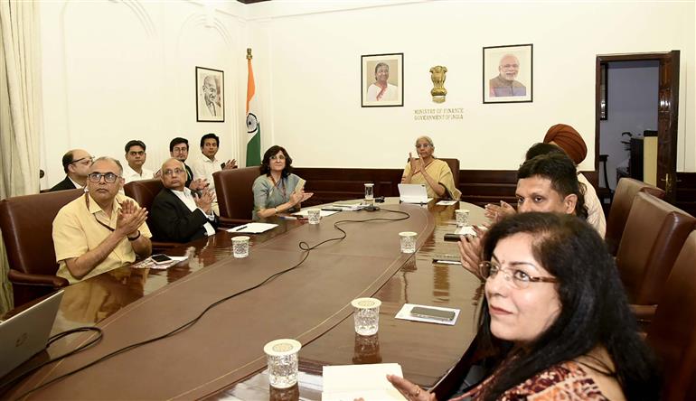 The Union Minister for Finance and Corporate Affairs, Smt. Nirmala Sitharaman addressing the Virtual inauguration of Corporate Bhawan including PM Internship Scheme (PMIS) Facilitation Centre in Kolkata (West Bengal) at MoF office, in New Delhi on May 01, 2025.