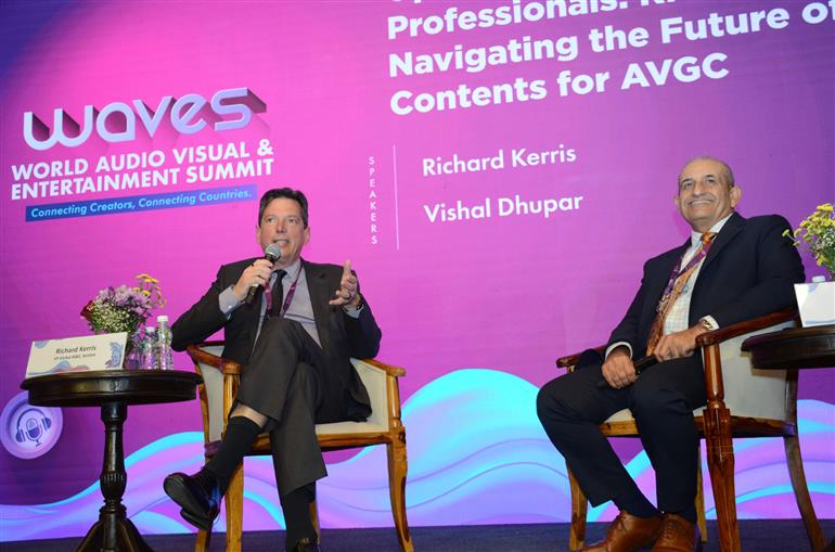 Mr. Vishal Dhupar, MD, NVIDIA and Mr. Richard G. Kerris, VP, NVIDIA elaborate about the role of AI in the future of content creation at Mumbai, in Maharashtra on May 01, 2025.:Ministry of Information & Broadcasting