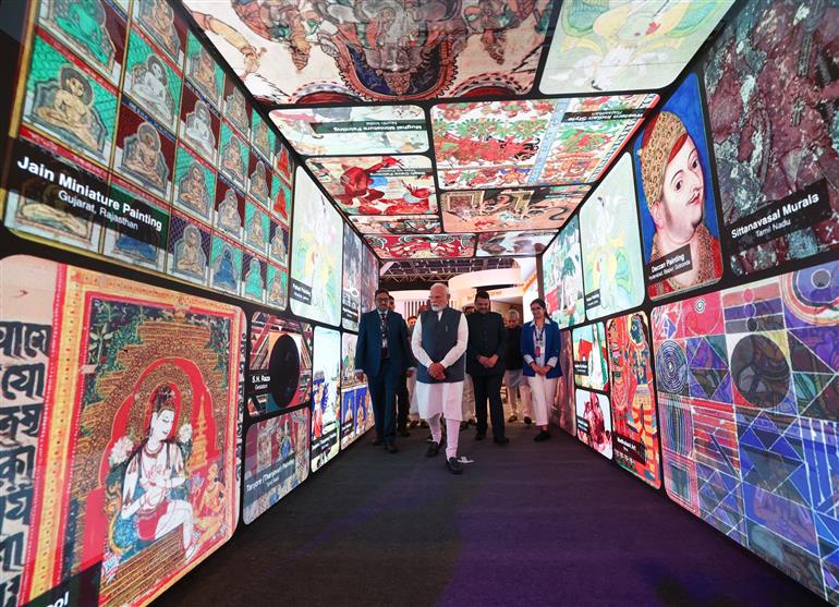 PM took a walkthrough of exhibition showcased at the inauguration of the World Audio Visual and Entertainment Summit 2025 in Mumbai, Maharashtra on May 01, 2025.:Prime Minister