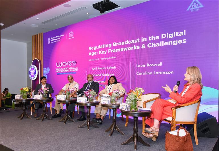 The Breakout Sessions: Regulating Broadcast in the Digital Age: Key Frameworks and Challenges Panelists included Shri Anil Kumar Lahoti, Chairman, (TRAI), Ms. Philomena Gnanapragasam, Director, (AIBD), Mr. Ahmed Nadeem, Secretary General, (ABU) and Ms. Carolina Lorenzo, Director, International Affairs, Mediaset at Mumbai, in Maharashtra on May 02, 2025.:Ministry of Information & Broadcasting