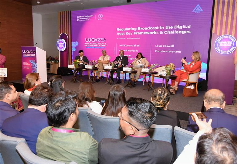 The Breakout Sessions: Regulating Broadcast in the Digital Age: Key Frameworks and Challenges Panelists included Shri Anil Kumar Lahoti, Chairman, (TRAI), Ms. Philomena Gnanapragasam, Director, (AIBD), Mr. Ahmed Nadeem, Secretary General, (ABU) and Ms. Carolina Lorenzo, Director, International Affairs, Mediaset at Mumbai, in Maharashtra on May 02, 2025.:Ministry of Information & Broadcasting