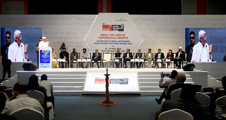 The Union Minister of Culture and Tourism, Shri Gajendra Singh Shekhawat addressing at the inaugural ceremony of Seminar on India: The land of Exponential growth organized by Indian Exhibition Industry Association (IEIA) at Bharat Mandapam, in New Delhi on May 02, 2025.