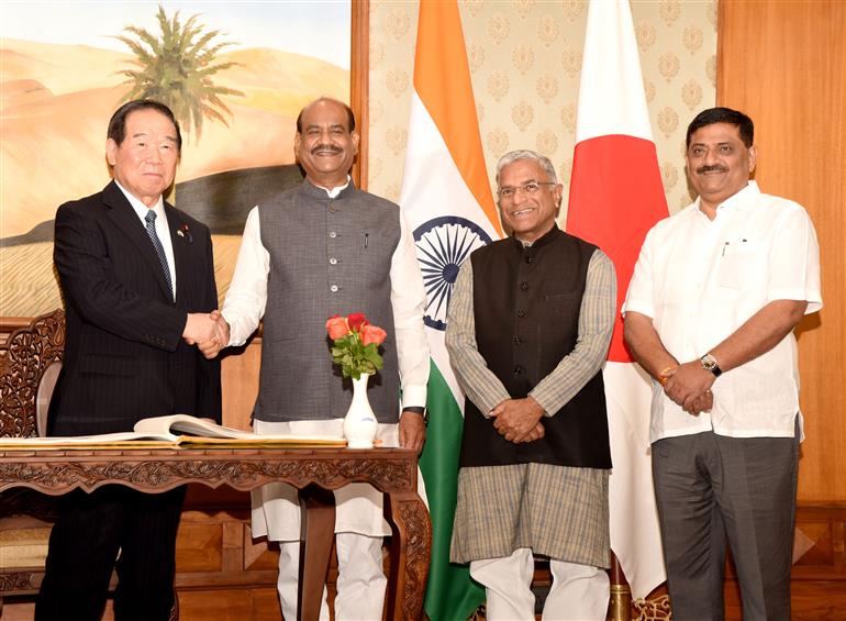 The Lok Sabha Speaker, Shri Om Birla meeting with the parliamentary delegation of the Japan led by the Speaker of the House, of Representatives of Japan, Mr. Nukaga Fukushiro at Parliament House in New Delhi on May 02, 2025.