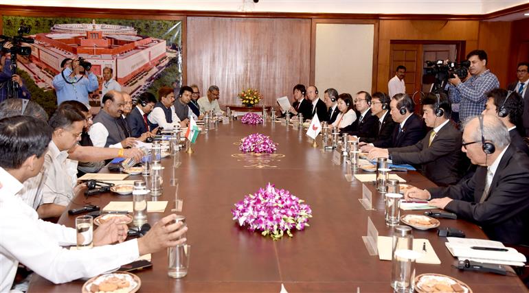 The Lok Sabha Speaker, Shri Om Birla meeting with the parliamentary delegation of the Japan led by the Speaker of the House, of Representatives of Japan, Mr. Nukaga Fukushiro at Parliament House in New Delhi on May 02, 2025.