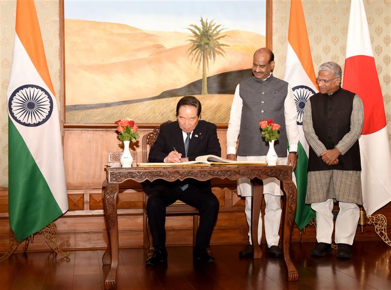 The Speaker of the House of Representatives of Japan, Mr. Nukaga Fukushiro writing his remarks in the visitor book in presence of the Speaker, Lok Sabha, Shri Om Birla, at Parliament House, in New Delhi on May 02, 2025.