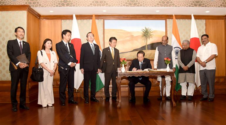 The Speaker of the House of Representatives of Japan, Mr. Nukaga Fukushiro writing his remarks in the visitor book in presence of the Speaker, Lok Sabha, Shri Om Birla, at Parliament House, in New Delhi on May 02, 2025.