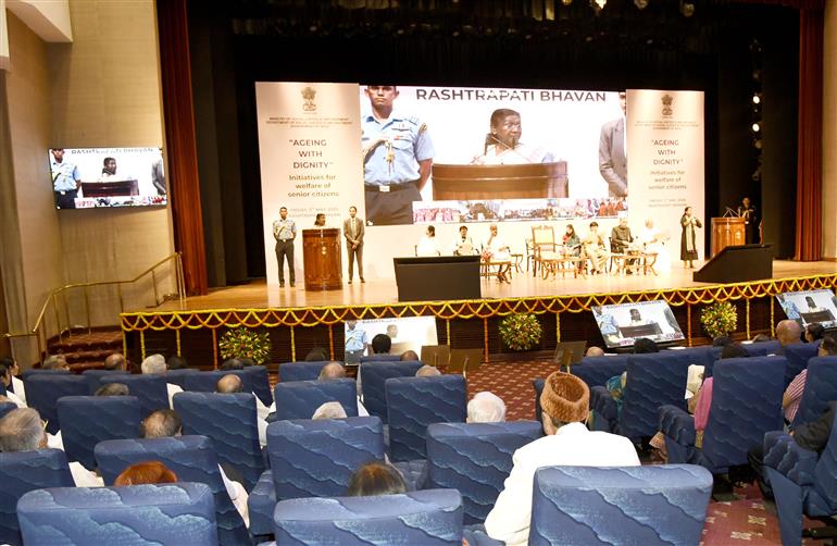 The President of India, Smt. Droupadi Murmu addressing at the event ‘Ageing with Dignity’ - initiatives for welfare of senior citizens at Rashtrapati Bhavan, in New Delhi on May 02, 2025.