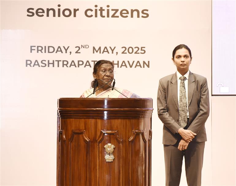 The President of India, Smt. Droupadi Murmu addressing at the event ‘Ageing with Dignity’ - initiatives for welfare of senior citizens at Rashtrapati Bhavan, in New Delhi on May 02, 2025.