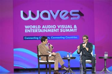 Actors Shah Rukh Khan and Deepika Padukone had an immersive interaction with filmmaker Karan Johar in a jam packed session named ‘The Journey: From Outsider to Ruler’ at Mumbai, in Maharashtra on May 01, 2025.:Ministry of Information & Broadcasting