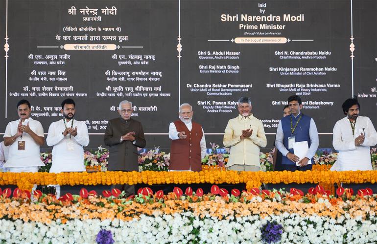 PM lays foundation stone, inaugurates and dedicates to the nation multiple development projects at Amaravati, in Andhra Pradesh on May 02, 2025.