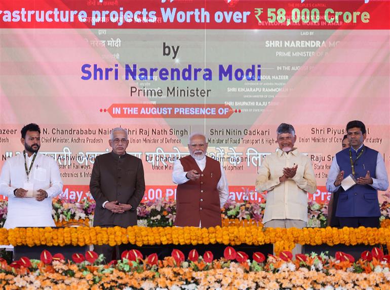 PM lays foundation stone, inaugurates and dedicates to the nation multiple development projects at Amaravati, in Andhra Pradesh on May 02, 2025.
