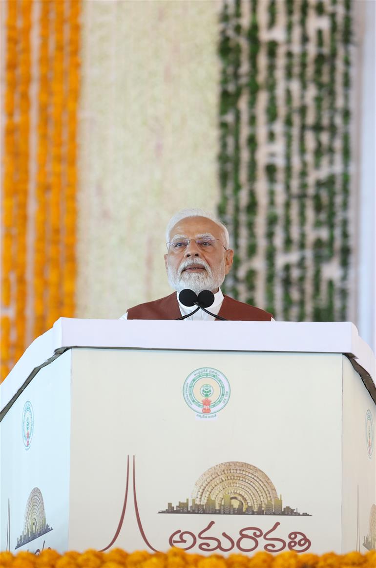 PM addressing at the inauguration, laying foundation stone and dedication to the nation multiple development projects at Amaravati, in Andhra Pradesh on May 02, 2025.